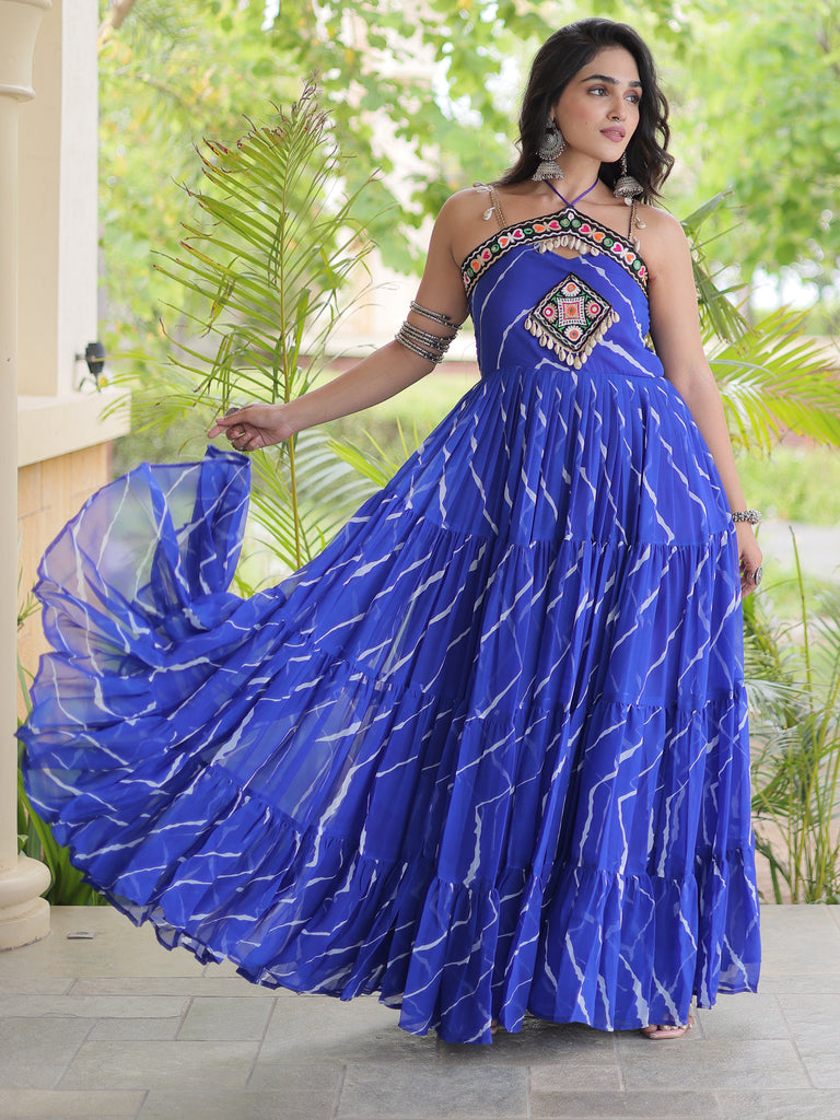 Fabulous Royal Blue Laheriya Printed Georgette Navratri Wear Gowna