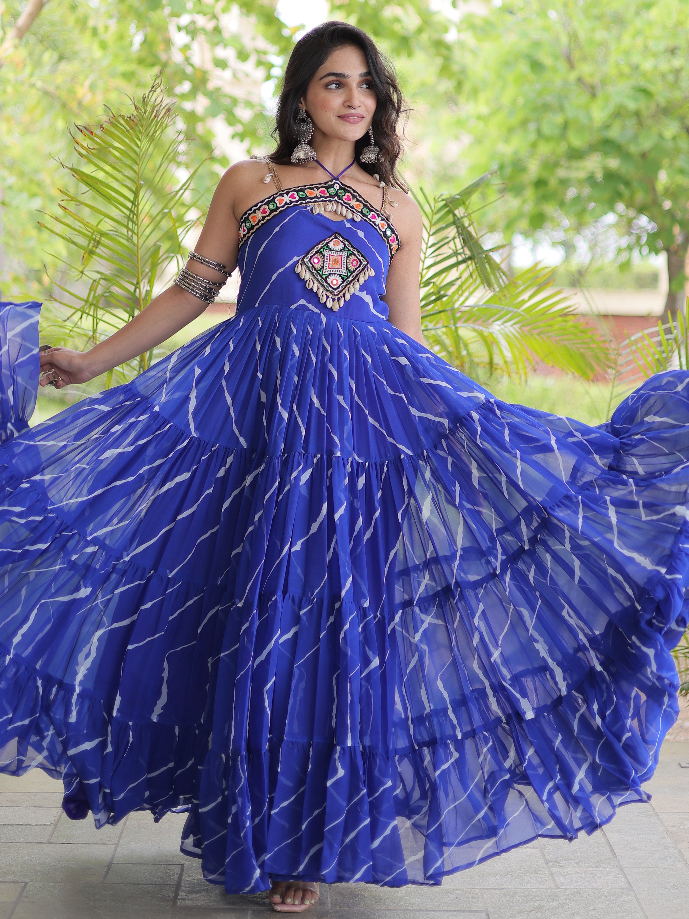 Fabulous Royal Blue Laheriya Printed Georgette Navratri Wear Gowna