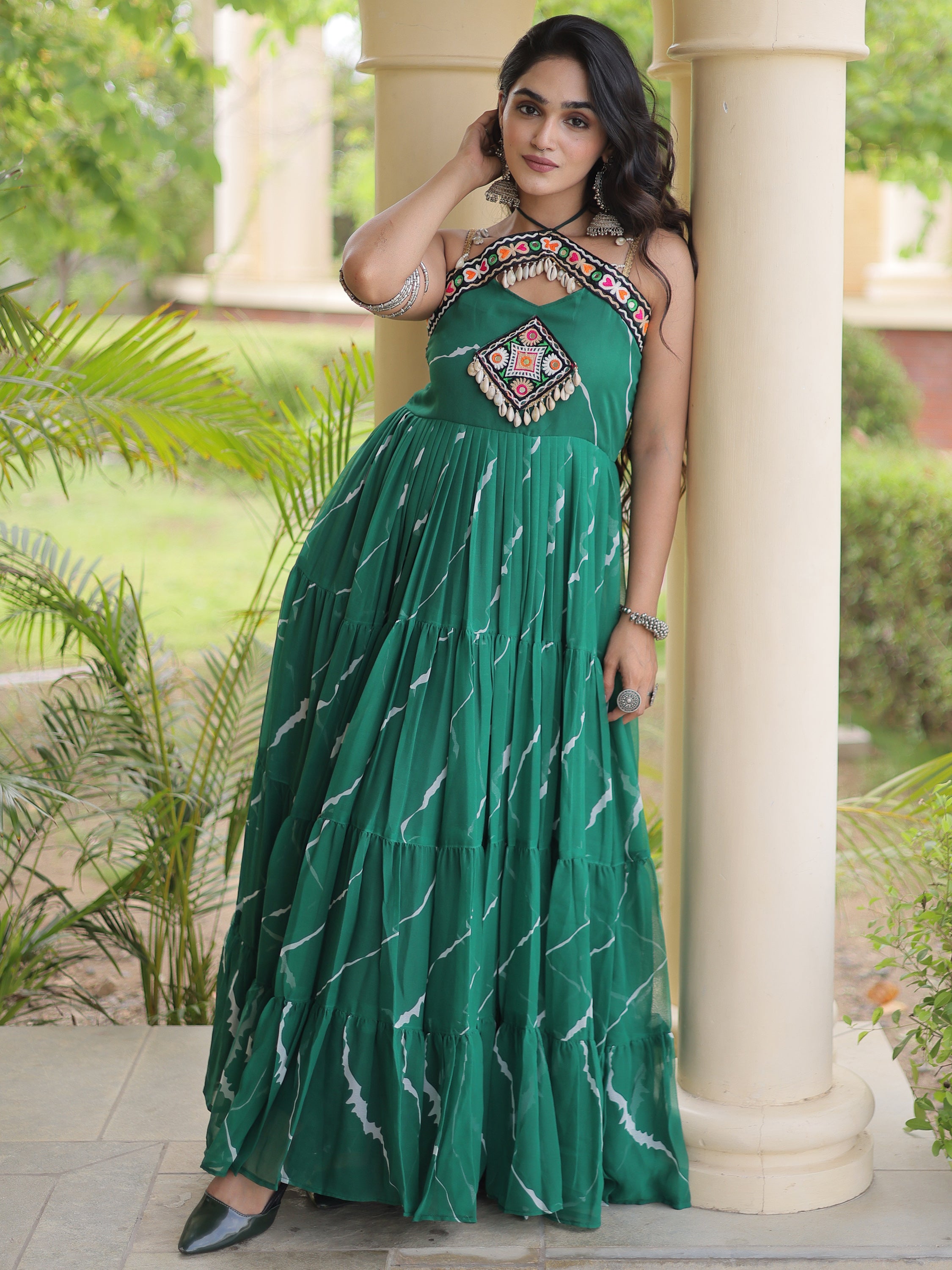 Striking Bottle Green Laheriya Printed Georgette Navratri Wear Gown