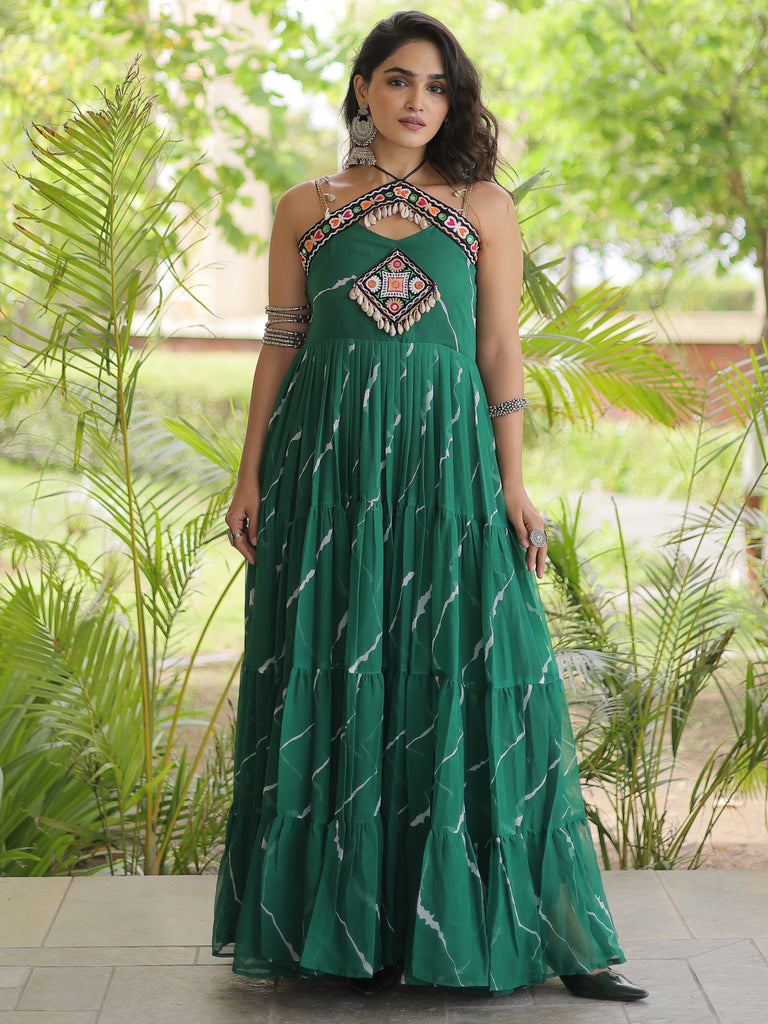 Striking Bottle Green Laheriya Printed Georgette Navratri Wear Gown