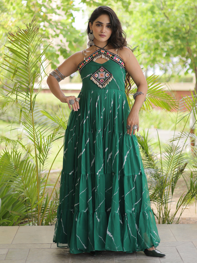 Striking Bottle Green Laheriya Printed Georgette Navratri Wear Gown