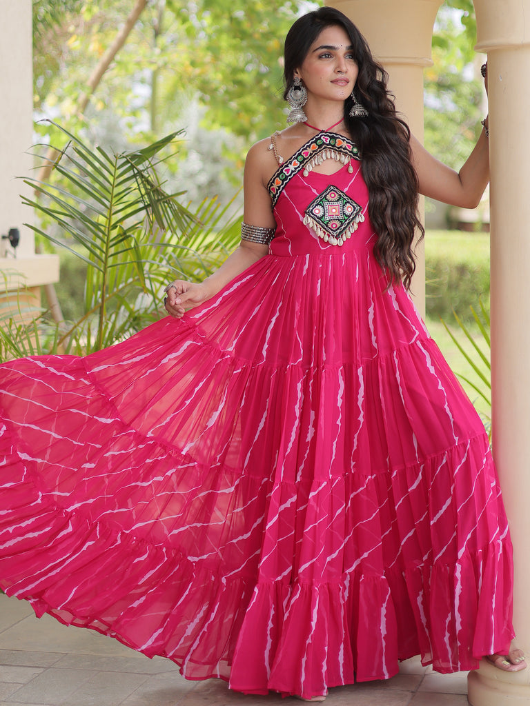 Lovable Rani Pink Patch Work Georgette Navratri Wear Gowna