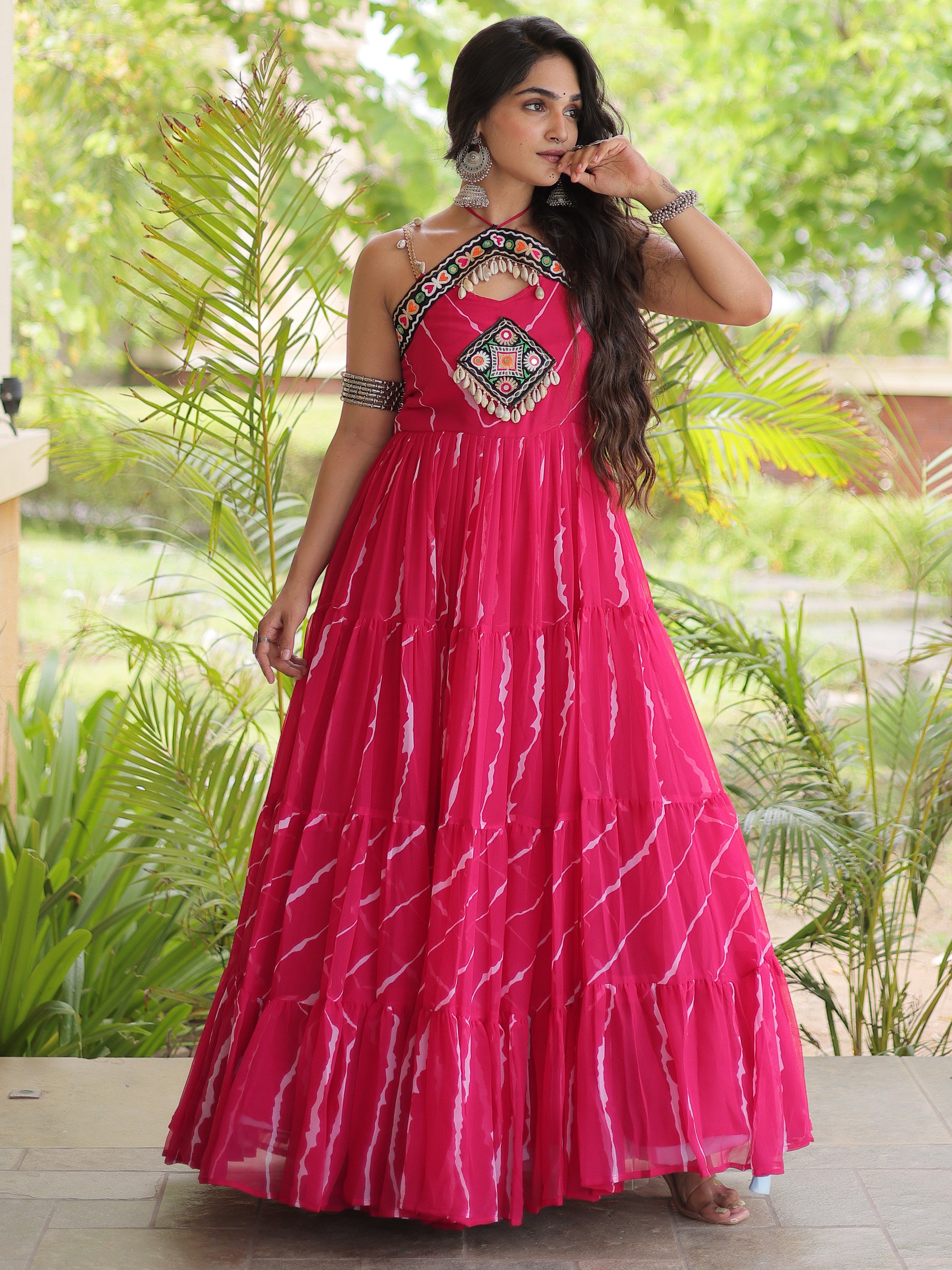 Lovable Rani Pink Patch Work Georgette Navratri Wear Gowna