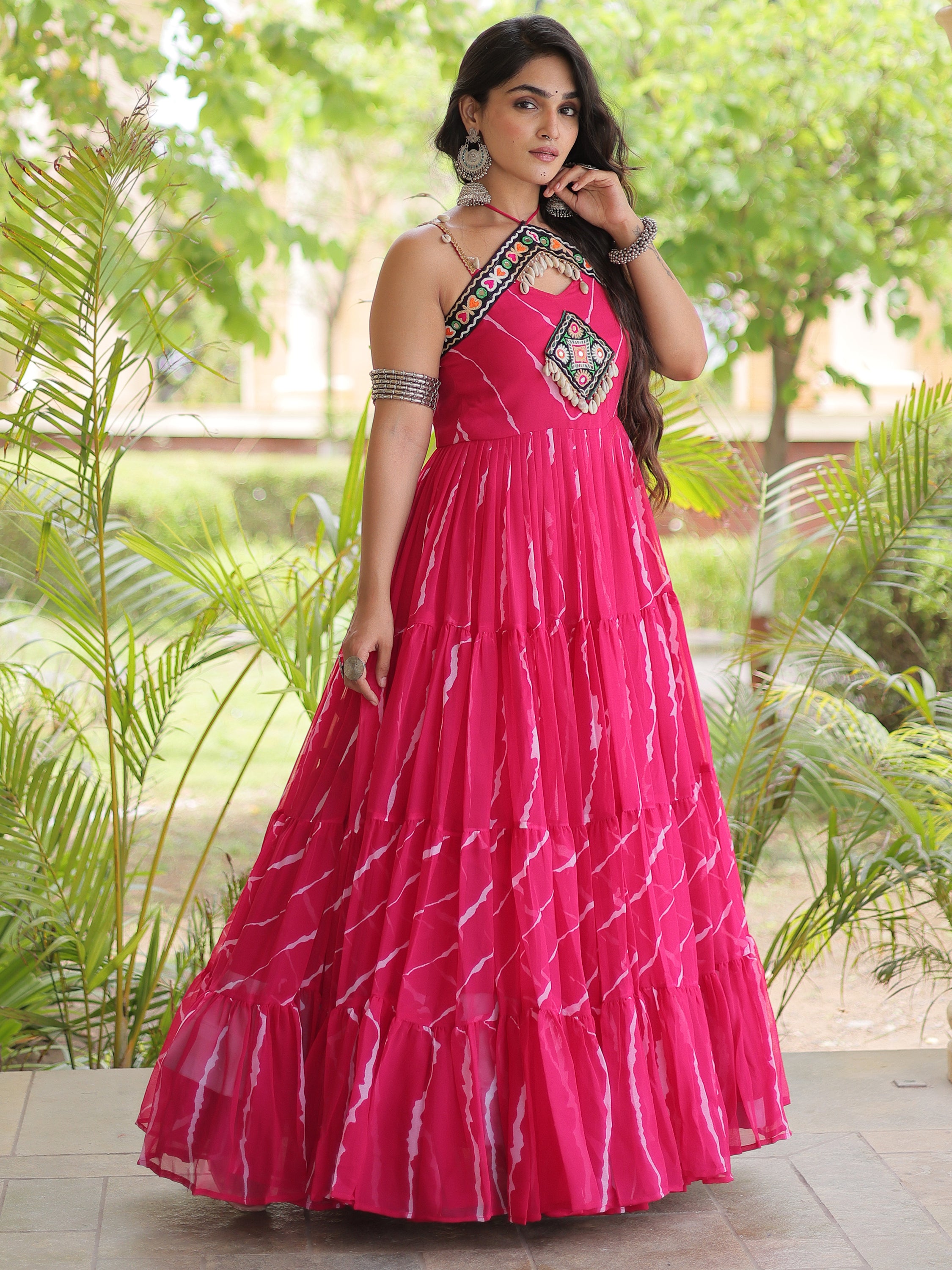 Lovable Rani Pink Patch Work Georgette Navratri Wear Gowna