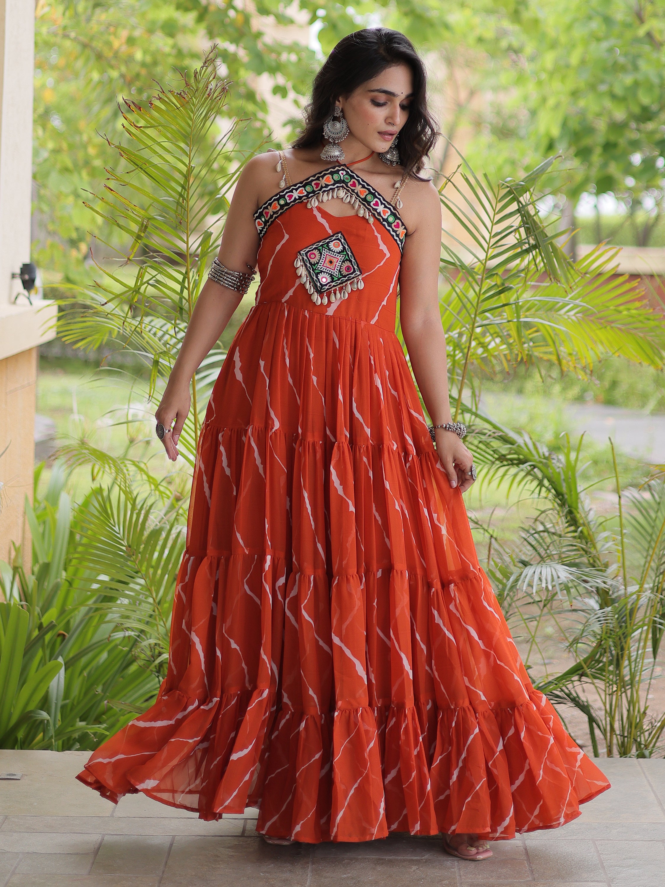Beautiful Rust Orange Patch Work Georgette Navratri Special Gowna
