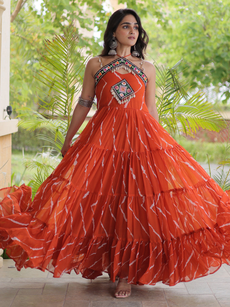 Beautiful Rust Orange Patch Work Georgette Navratri Special Gowna