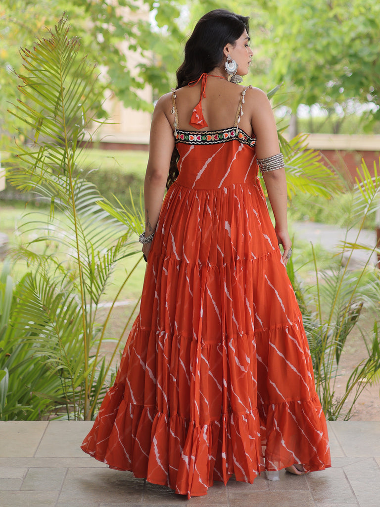 Beautiful Rust Orange Patch Work Georgette Navratri Special Gowna