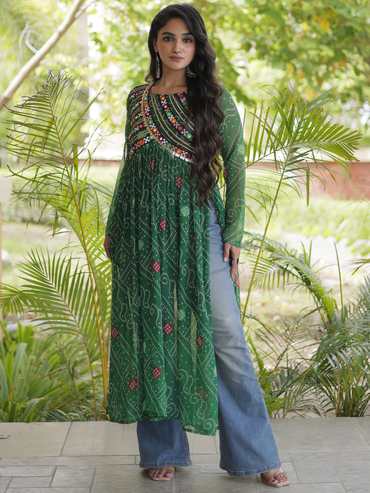 Stunning Green Patch Work Georgette Navratri Special Kurti