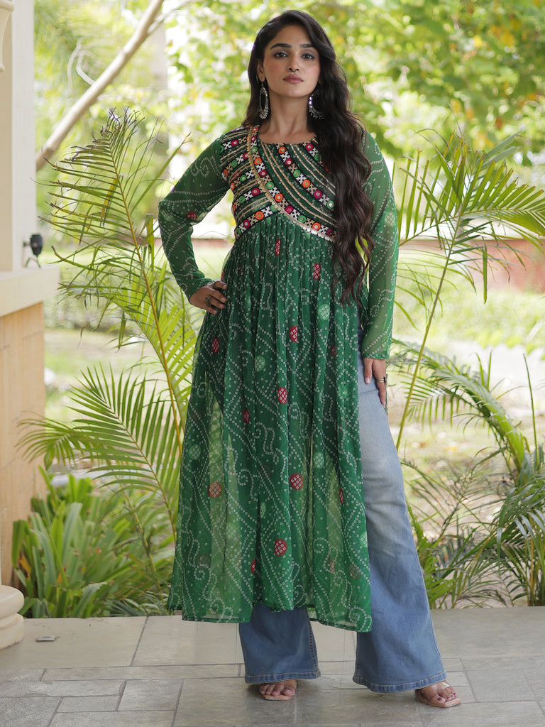 Stunning Green Patch Work Georgette Navratri Special Kurti