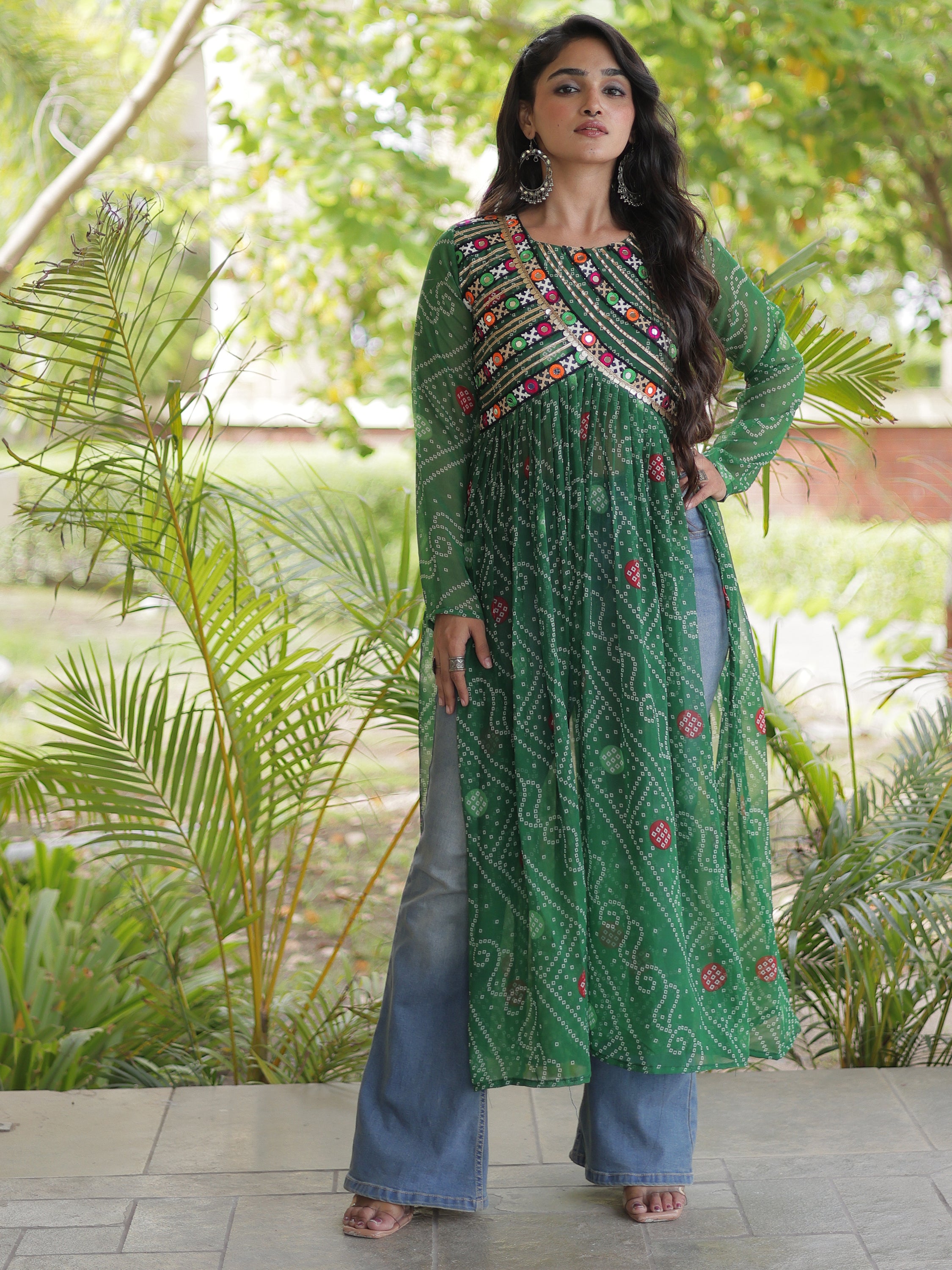 Stunning Green Patch Work Georgette Navratri Special Kurti