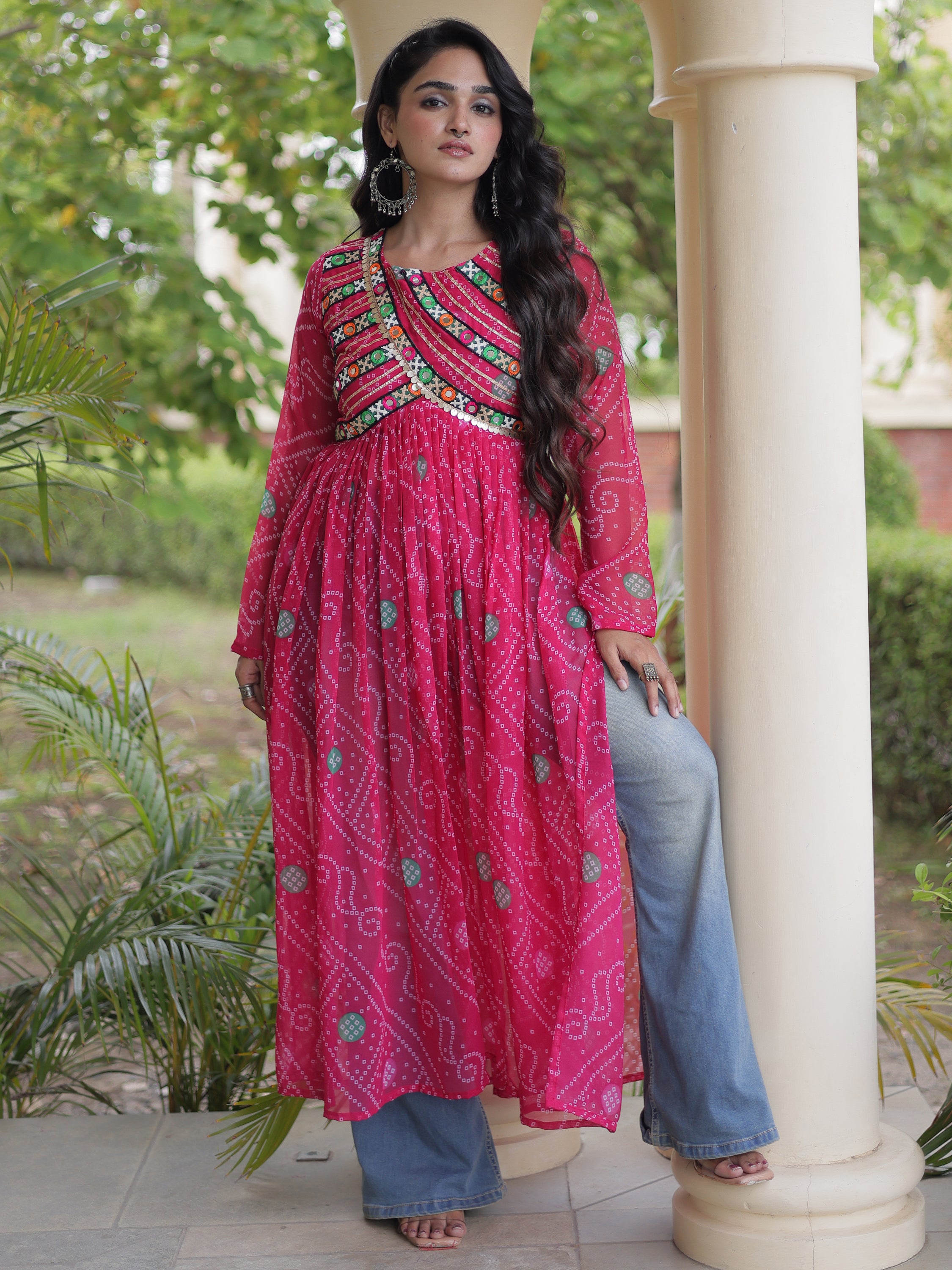 Lovely Pink Kutchi Patch Work Georgette Navratri Wear Kurti