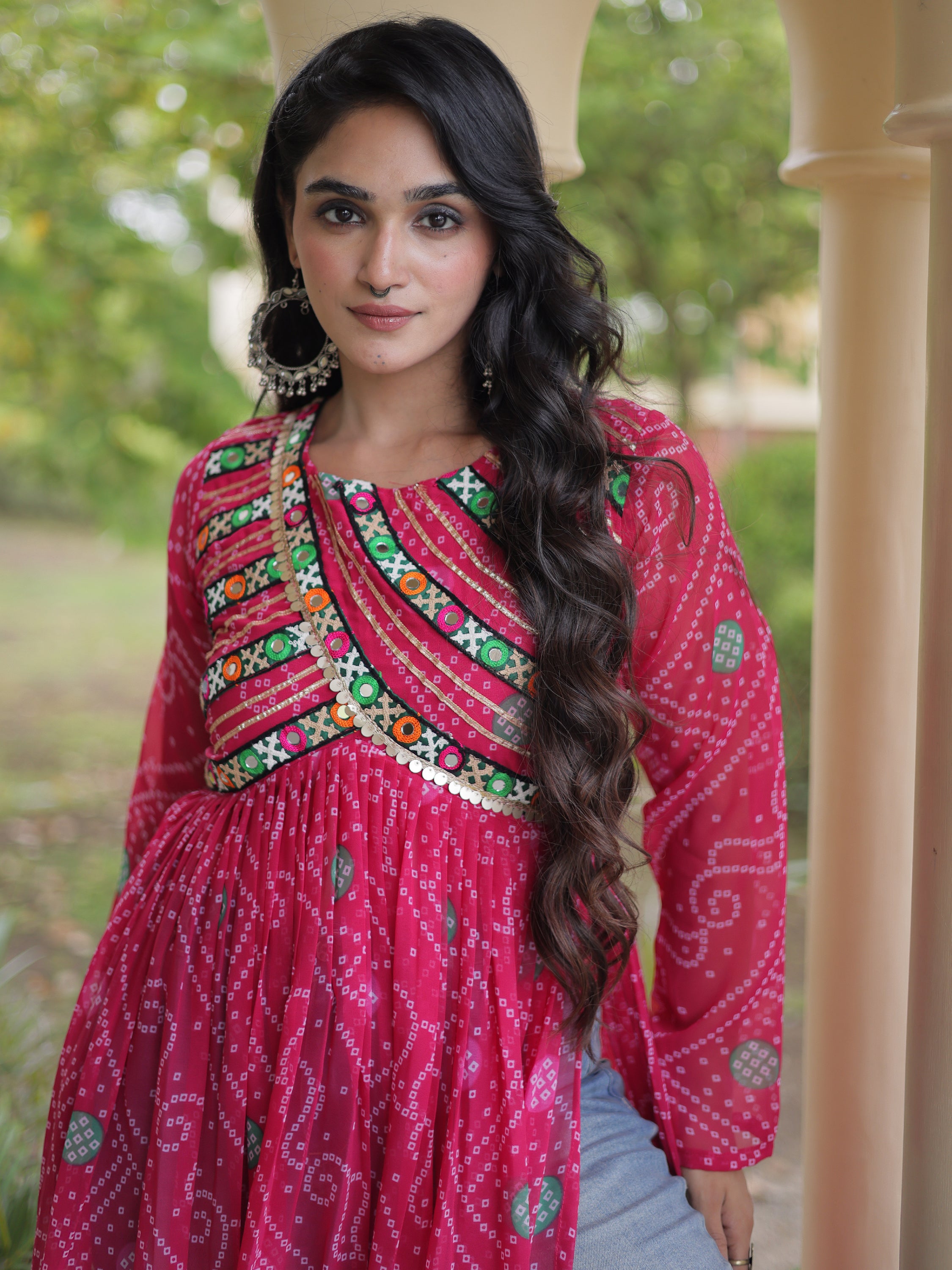 Lovely Pink Kutchi Patch Work Georgette Navratri Wear Kurti