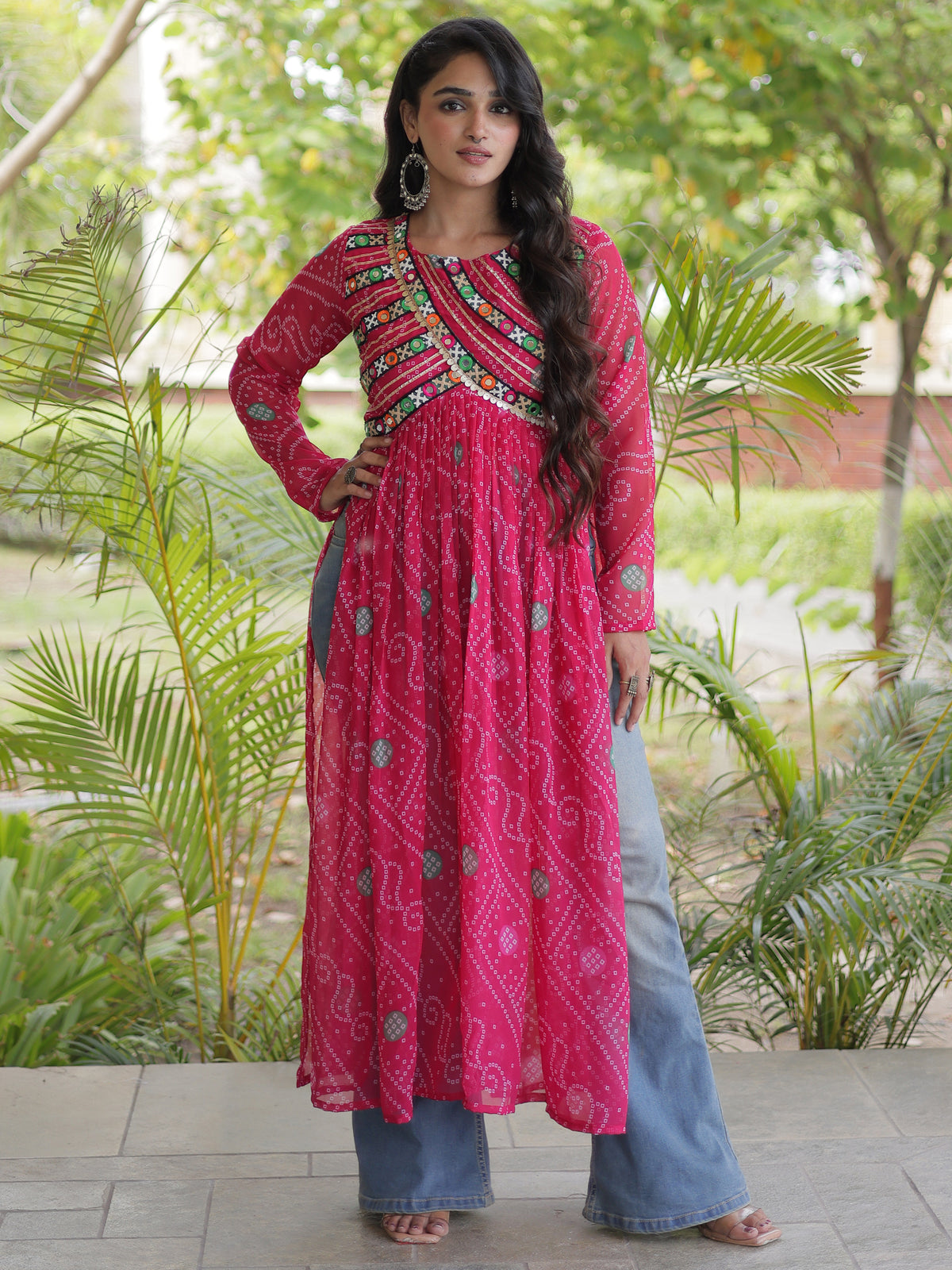 Lovely Pink Kutchi Patch Work Georgette Navratri Wear Kurti