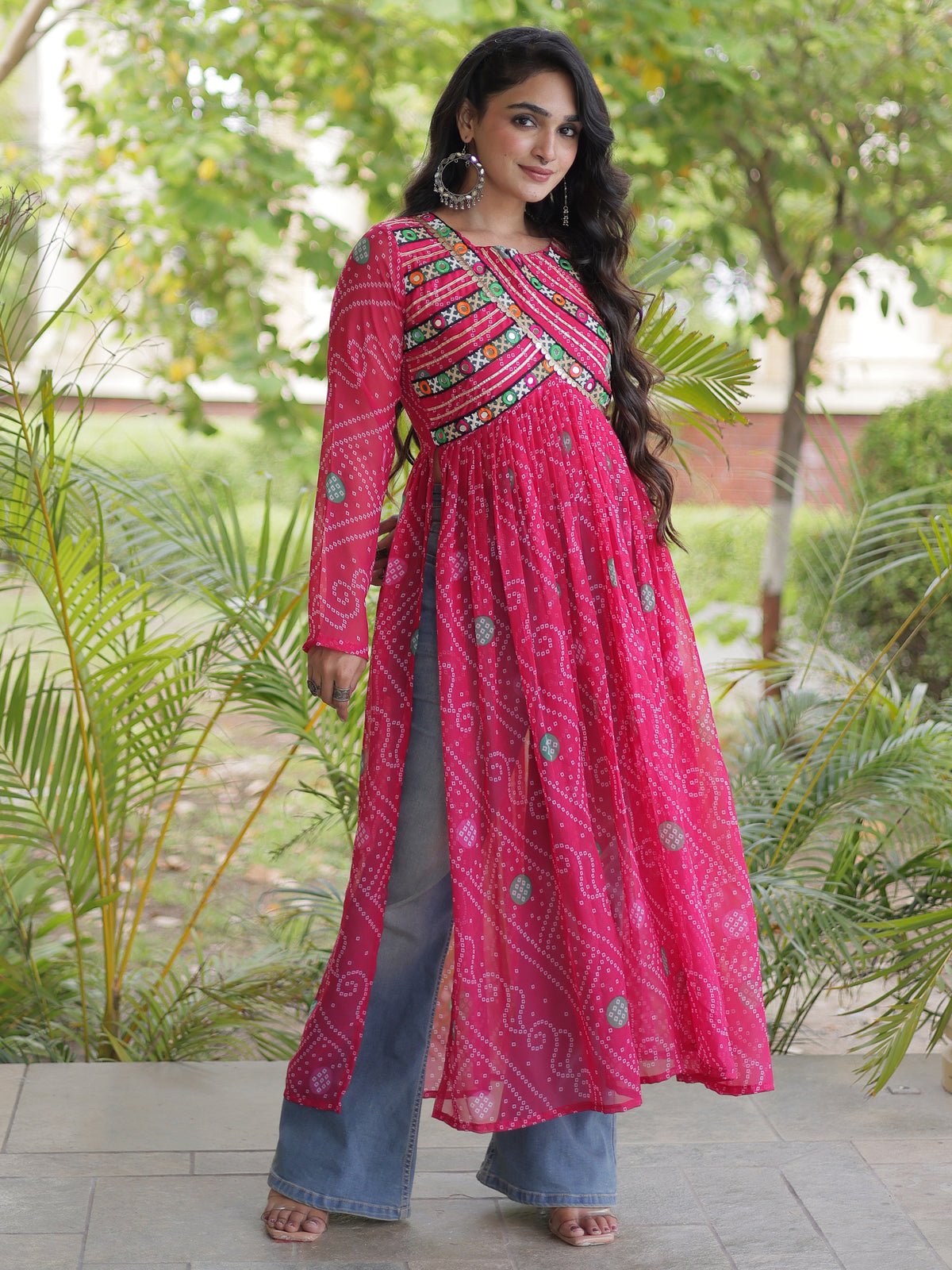 Lovely Pink Kutchi Patch Work Georgette Navratri Wear Kurti