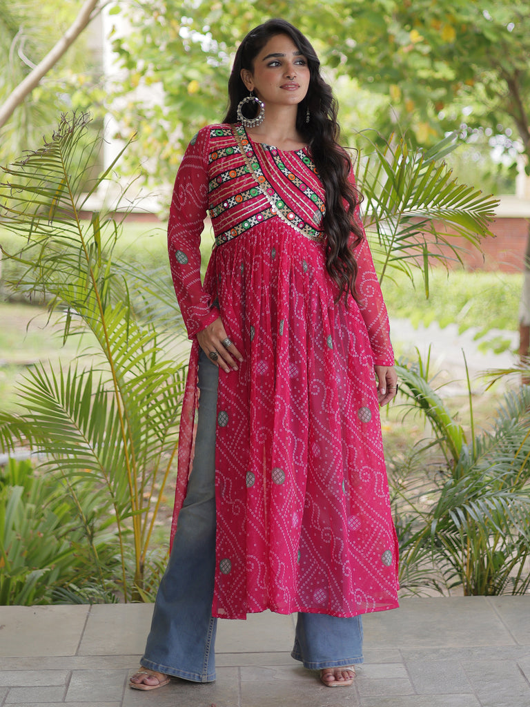 Lovely Pink Kutchi Patch Work Georgette Navratri Wear Kurti