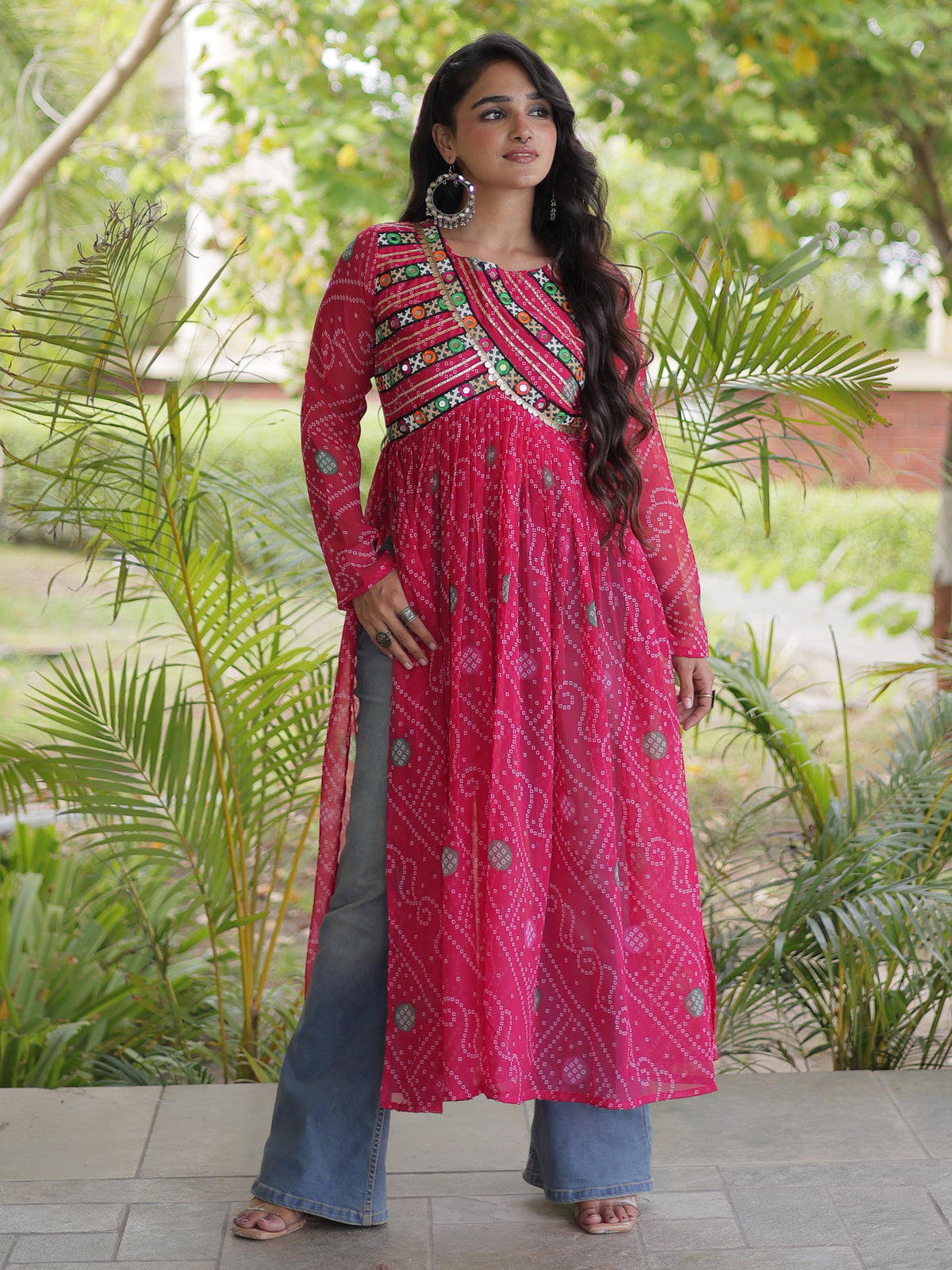 Lovely Pink Kutchi Patch Work Georgette Navratri Wear Kurti