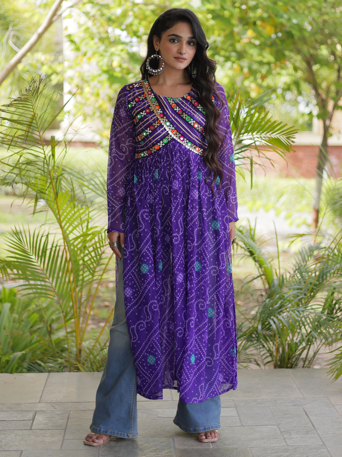 Gorgeous Purple Bandhani Printed Georgette Navratri Special Kurti
