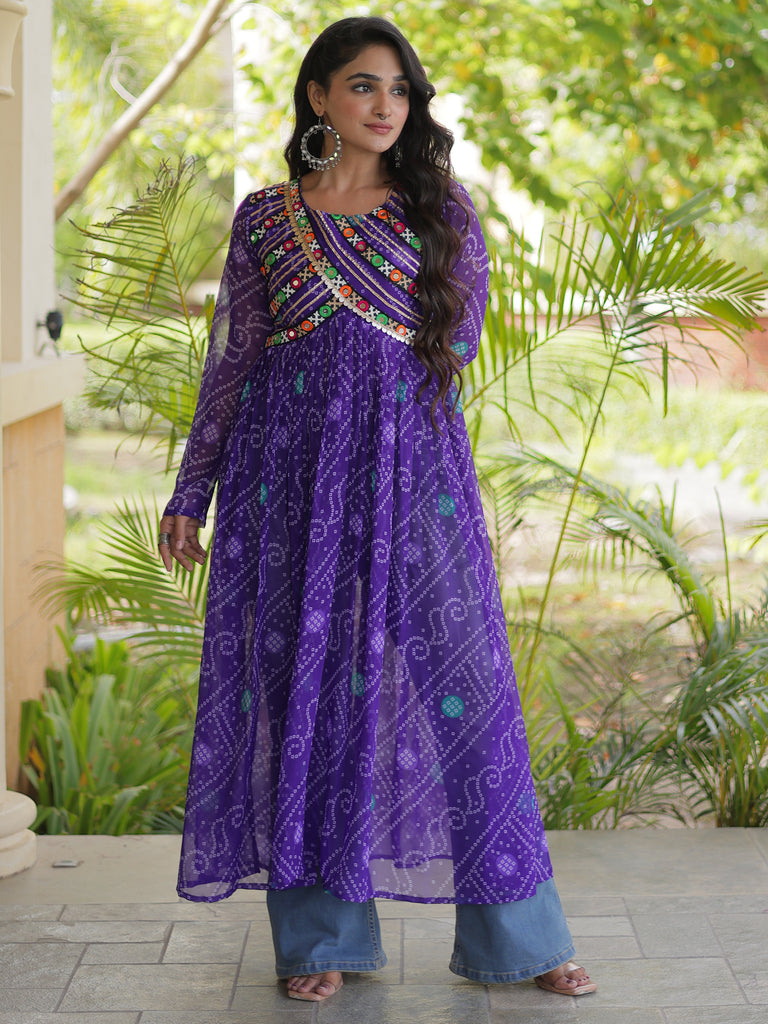Gorgeous Purple Bandhani Printed Georgette Navratri Special Kurti
