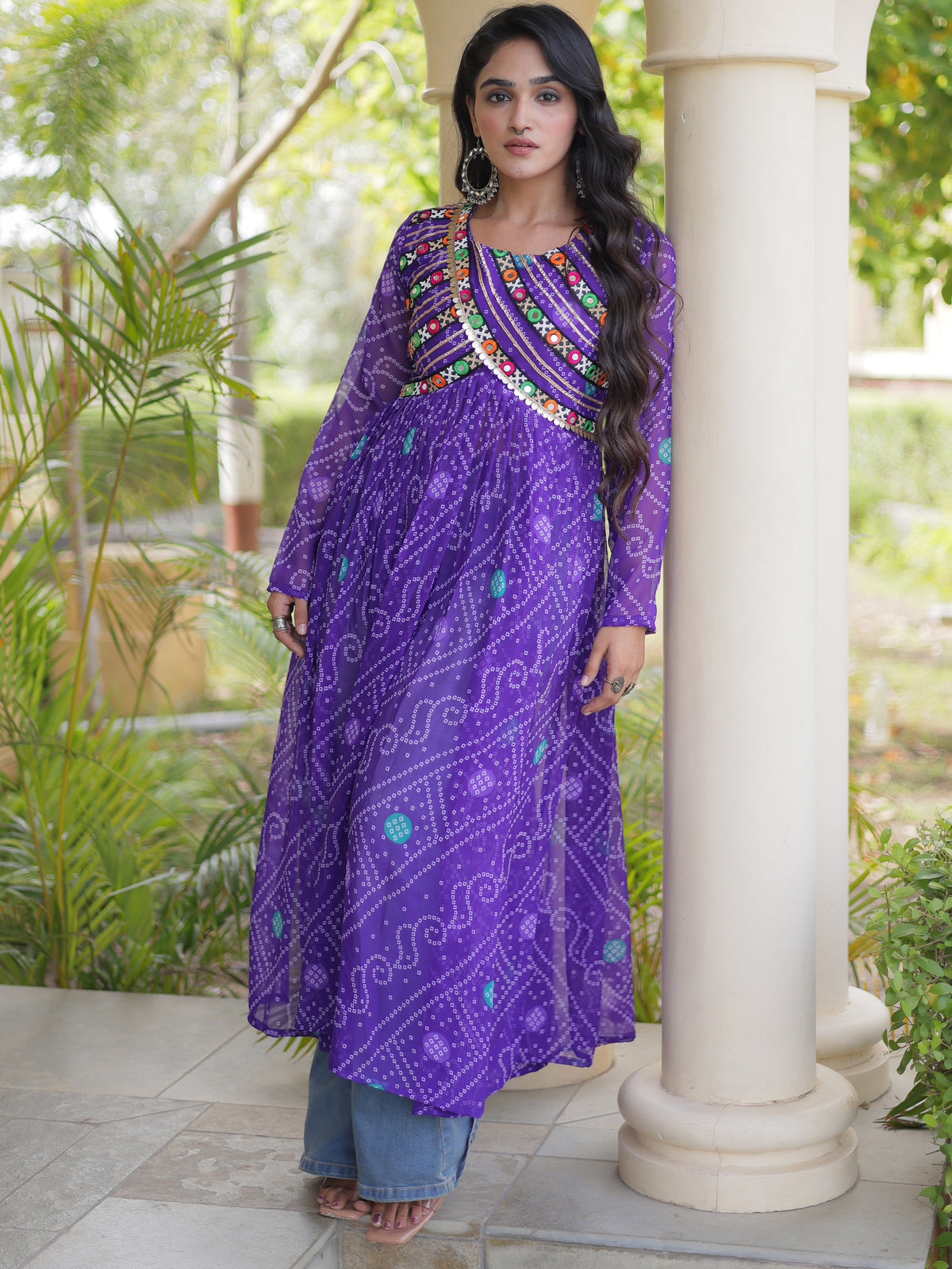Gorgeous Purple Bandhani Printed Georgette Navratri Special Kurti