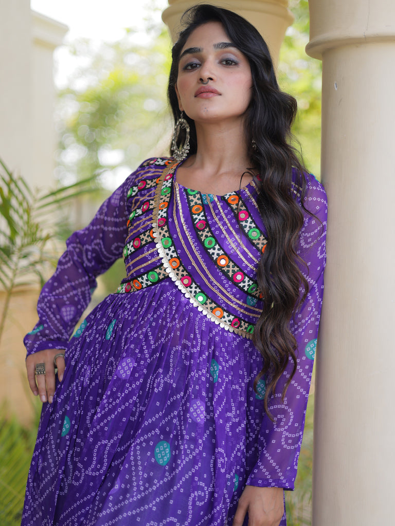 Gorgeous Purple Bandhani Printed Georgette Navratri Special Kurti