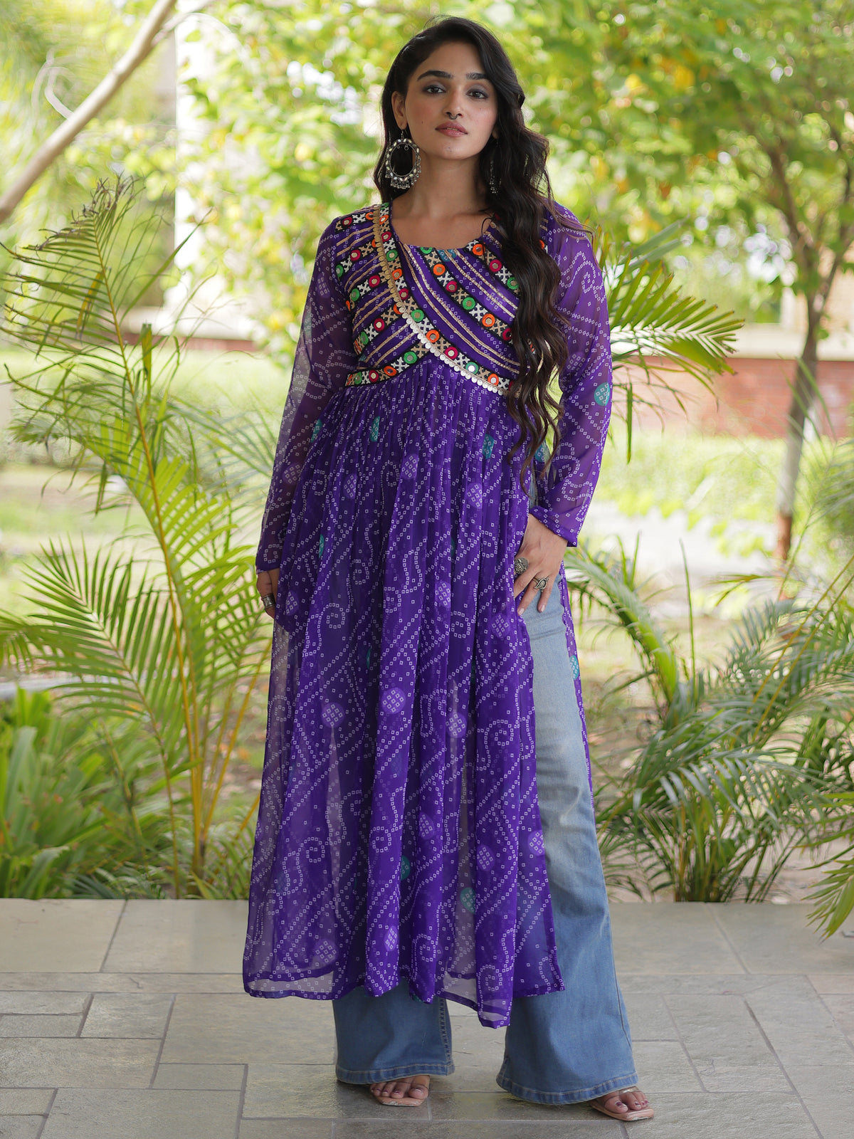 Gorgeous Purple Bandhani Printed Georgette Navratri Special Kurti