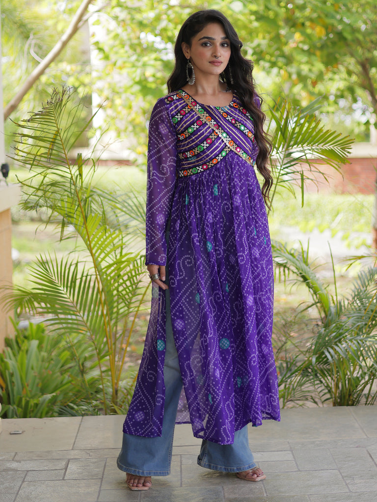 Gorgeous Purple Bandhani Printed Georgette Navratri Special Kurti