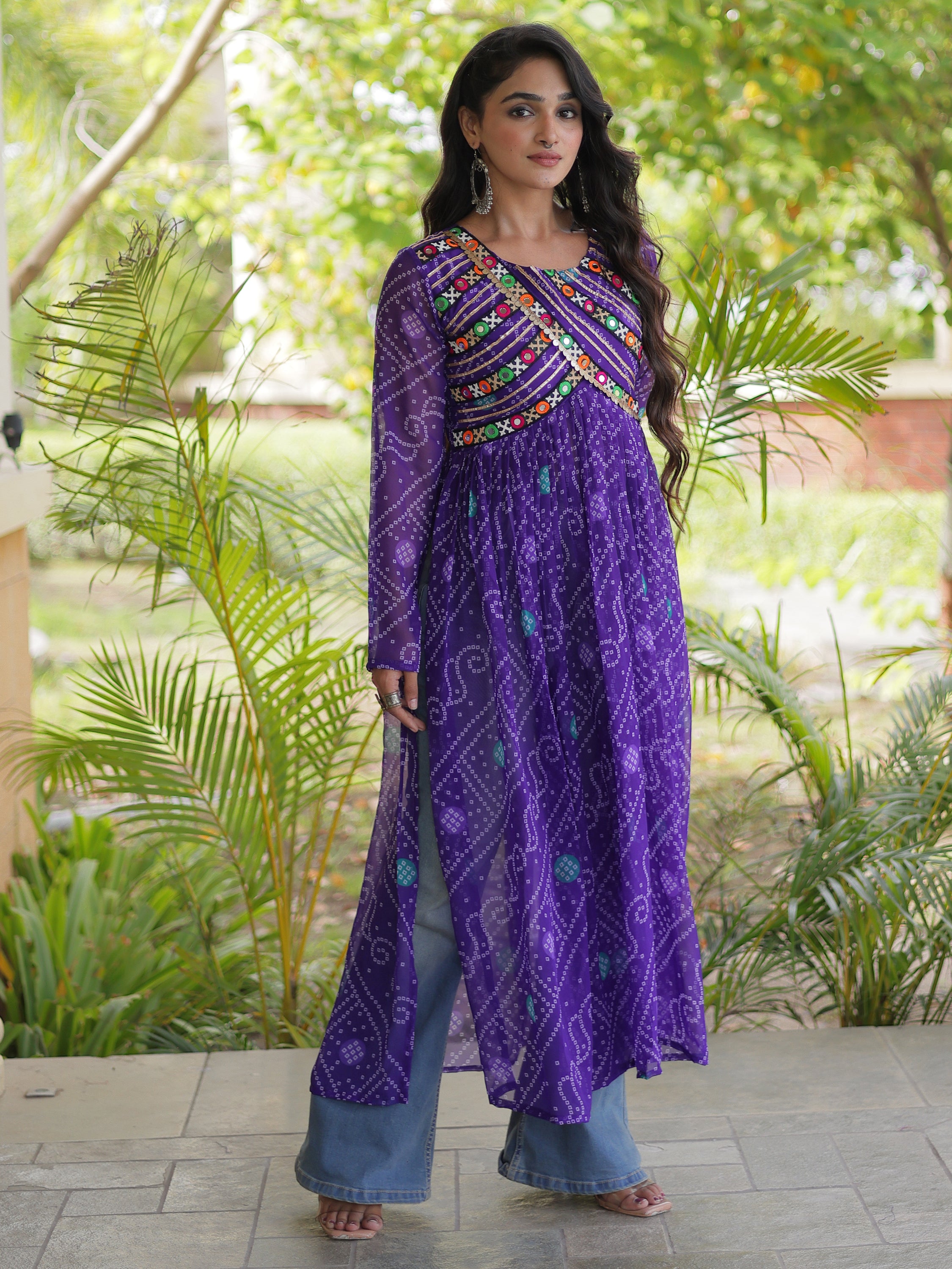 Gorgeous Purple Bandhani Printed Georgette Navratri Special Kurti