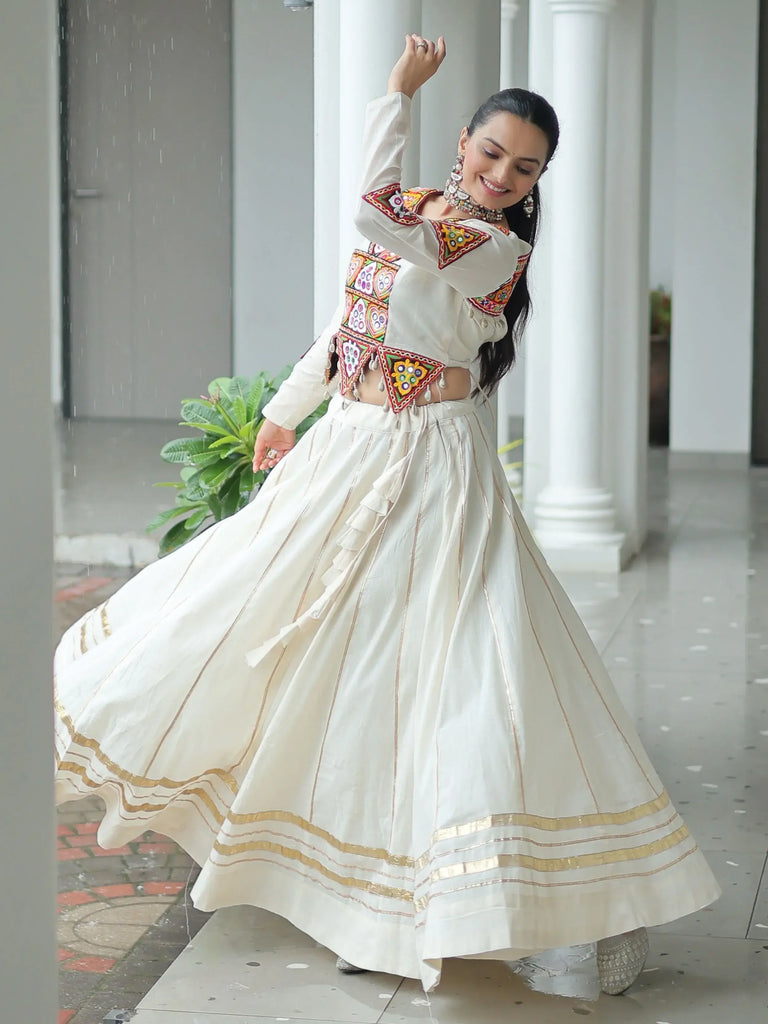 Dazzling White Cotton Gota Patti Work Navratri Wear Lehenga Choli