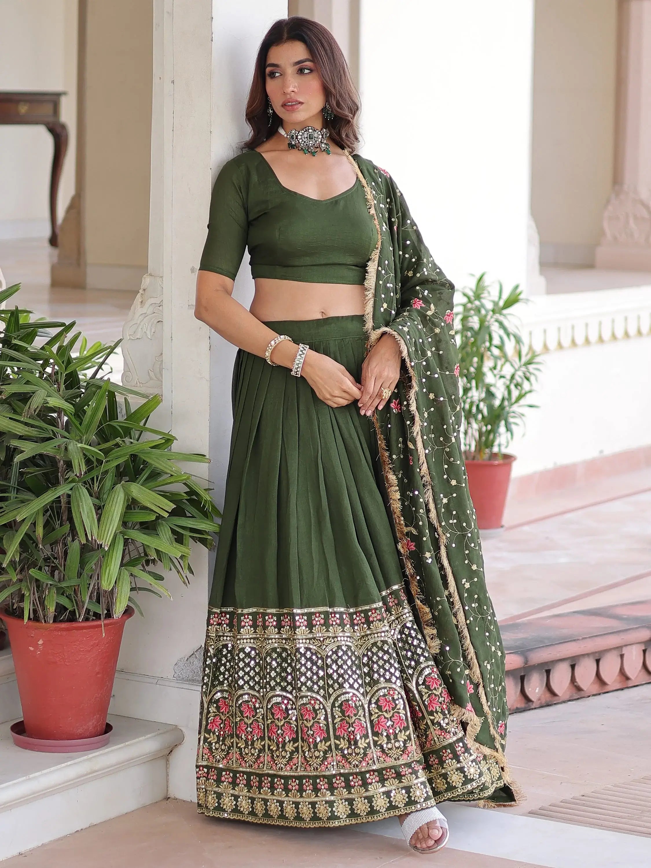 Stunning Green Heavy Sequins Embroidered Silk Festive Wear Lehenga Choli