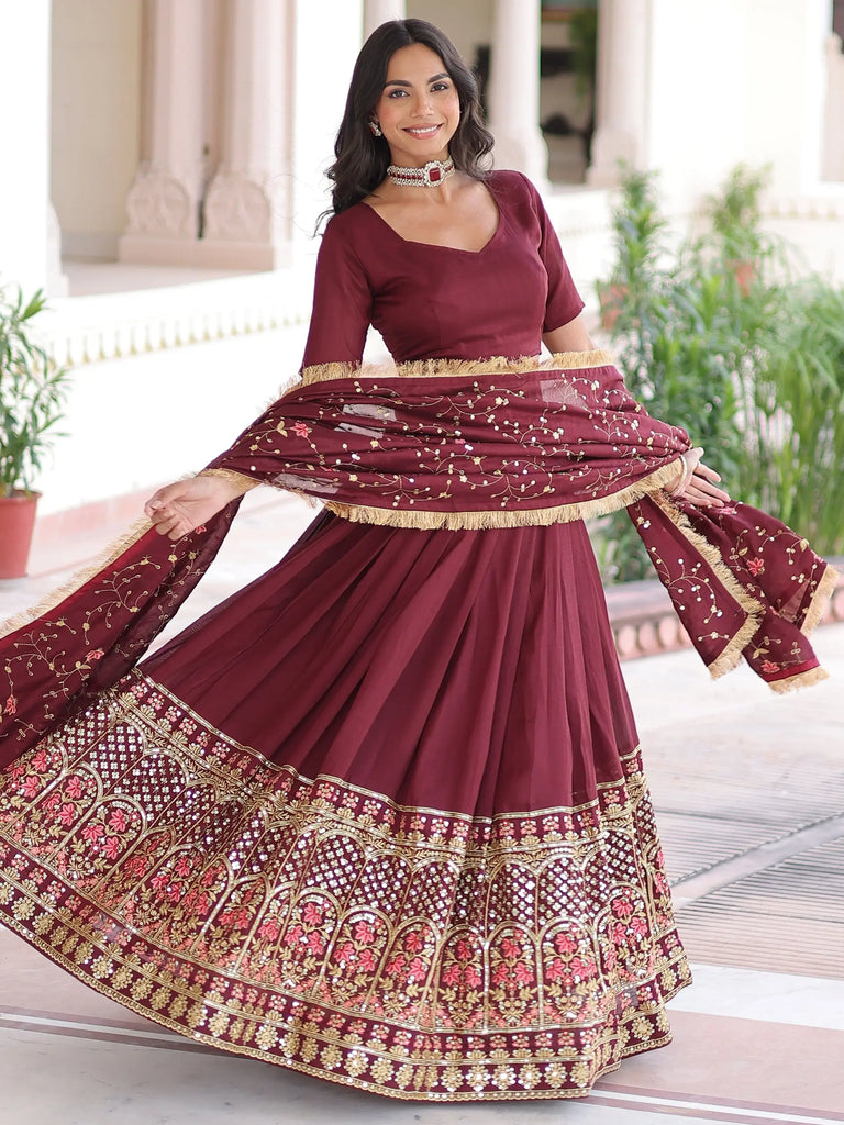 Wonderful Maroon Sequins Embroidered Silk Festive Wear Lehenga Choli