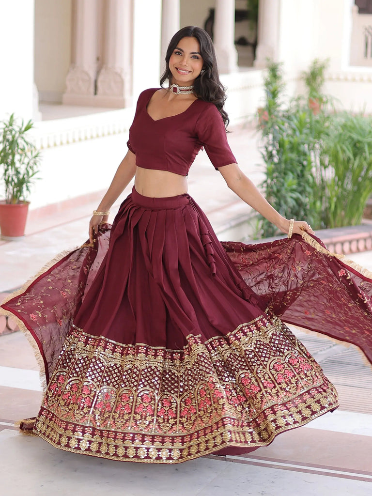 Wonderful Maroon Sequins Embroidered Silk Festive Wear Lehenga Choli