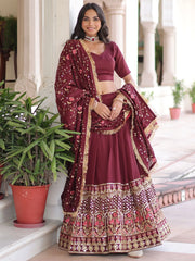 Wonderful Maroon Sequins Embroidered Silk Festive Wear Lehenga Choli