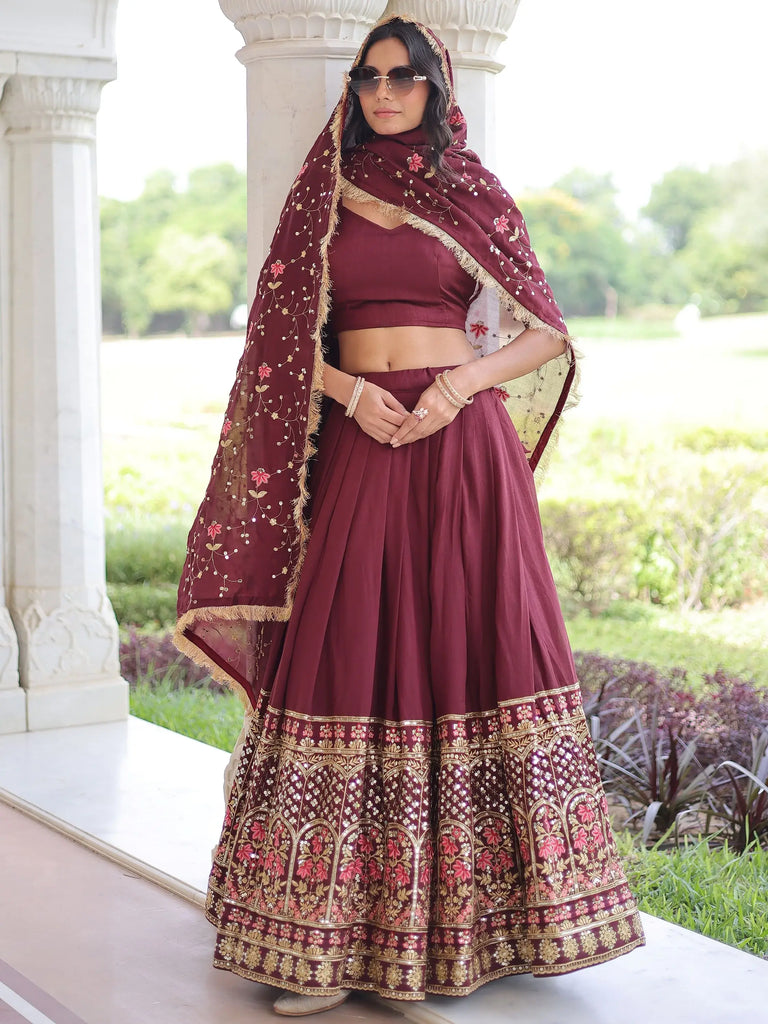 Wonderful Maroon Sequins Embroidered Silk Festive Wear Lehenga Choli