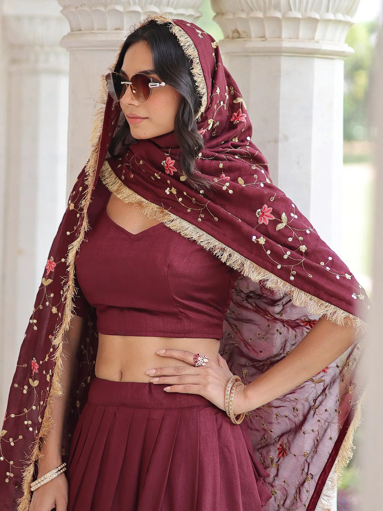 Wonderful Maroon Sequins Embroidered Silk Festive Wear Lehenga Choli