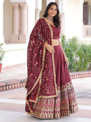 Wonderful Maroon Sequins Embroidered Silk Festive Wear Lehenga Choli
