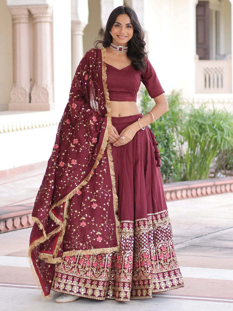 Wonderful Maroon Sequins Embroidered Silk Festive Wear Lehenga Choli