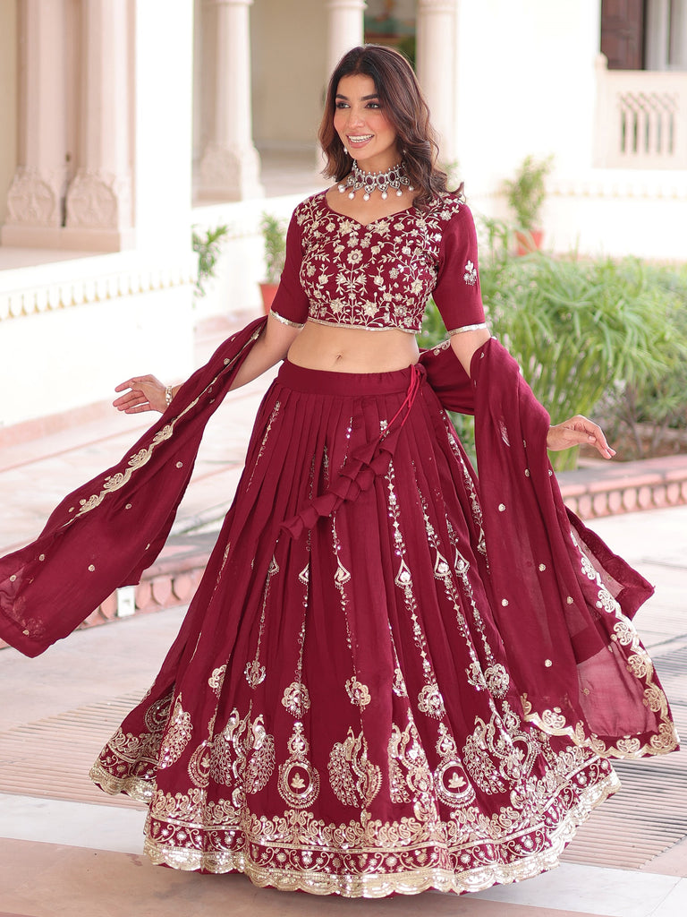 Attractive Maroon Heavy Sequins Silk Festive Wear Lehenga Choli
