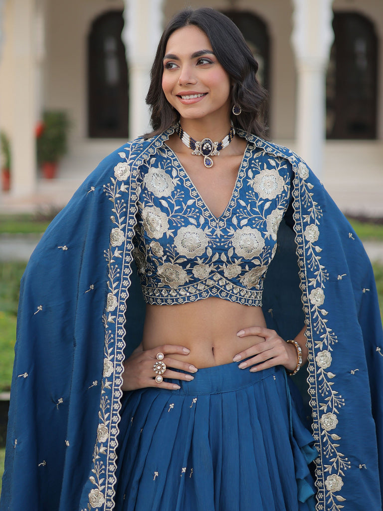 Gorgeous Blue Sequins Embroidered Silk Festival Wear Lehenga Choli