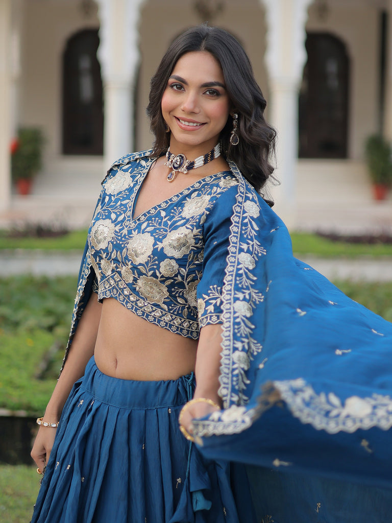 Gorgeous Blue Sequins Embroidered Silk Festival Wear Lehenga Choli
