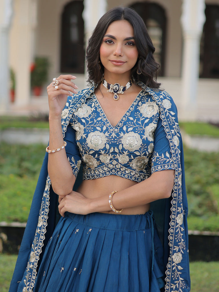 Gorgeous Blue Sequins Embroidered Silk Festival Wear Lehenga Choli