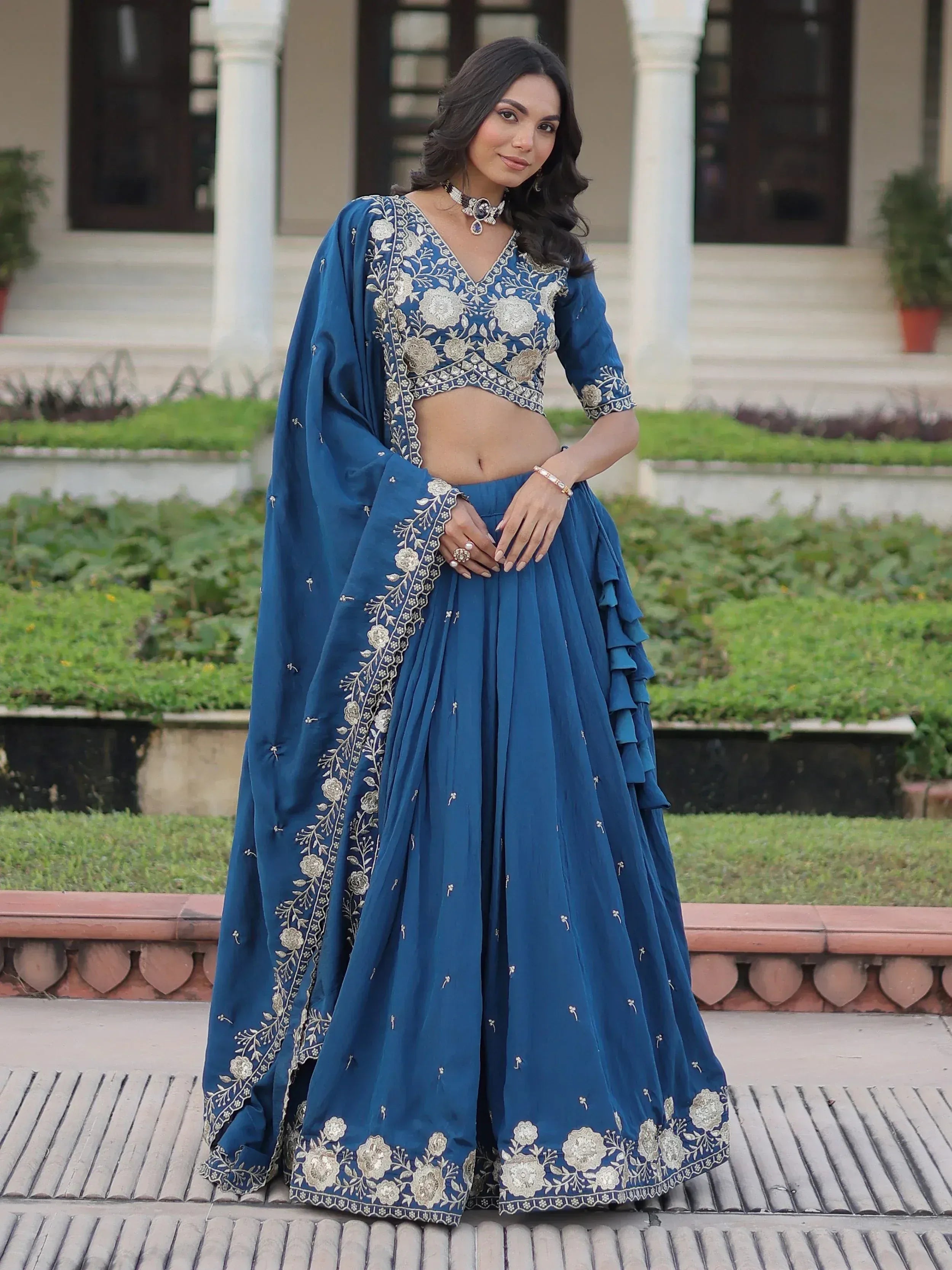 Gorgeous Blue Sequins Embroidered Silk Festival Wear Lehenga Choli