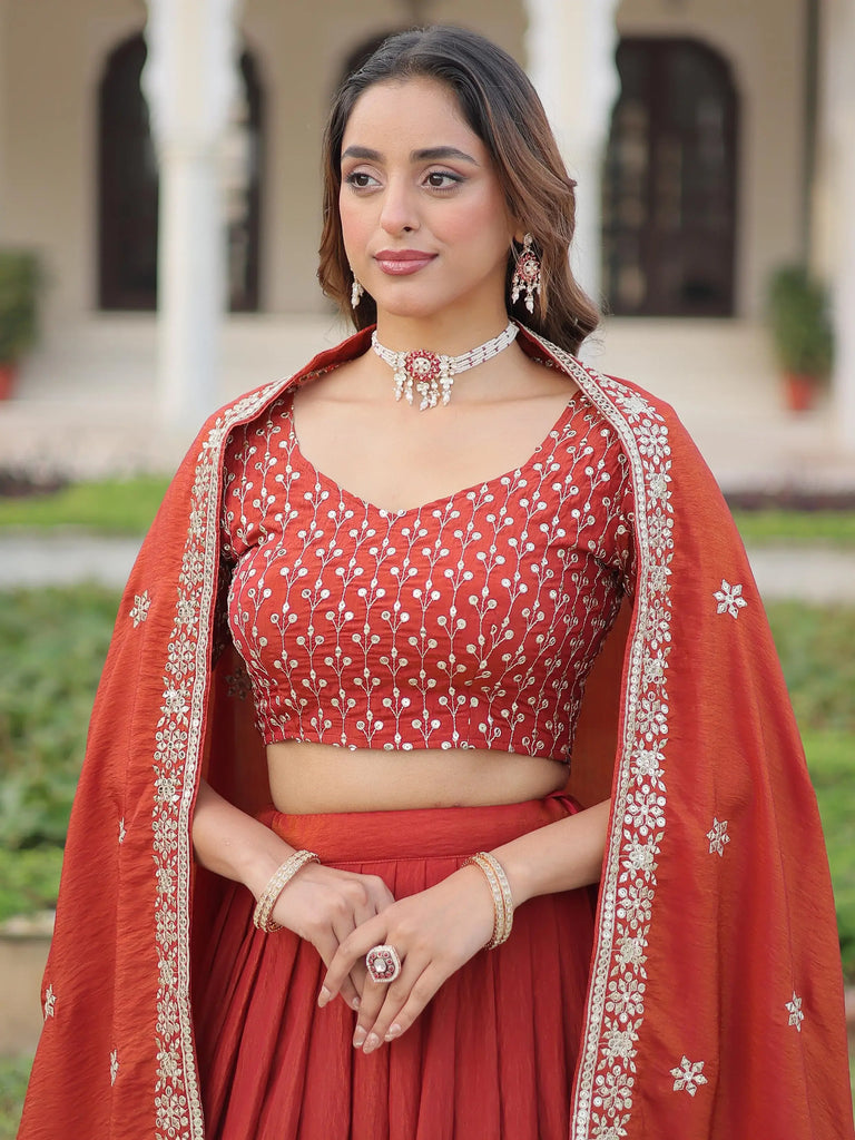 Beautiful Red Thread Embroidered Silk Wedding Wear Lehenga Choli