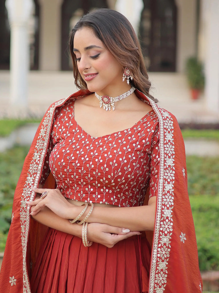 Beautiful Red Thread Embroidered Silk Wedding Wear Lehenga Choli