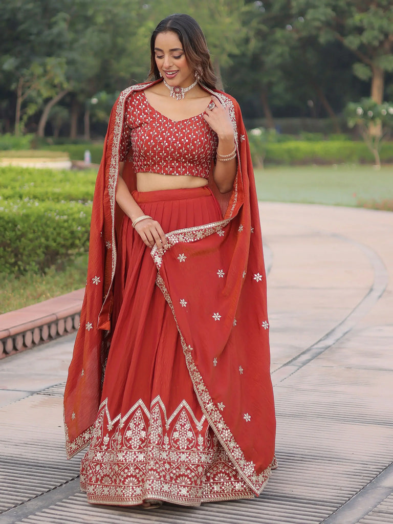 Beautiful Red Thread Embroidered Silk Wedding Wear Lehenga Choli