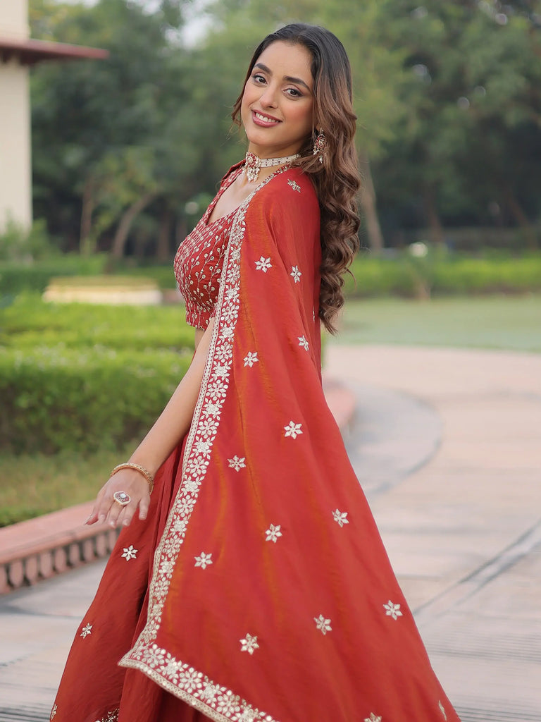 Beautiful Red Thread Embroidered Silk Wedding Wear Lehenga Choli