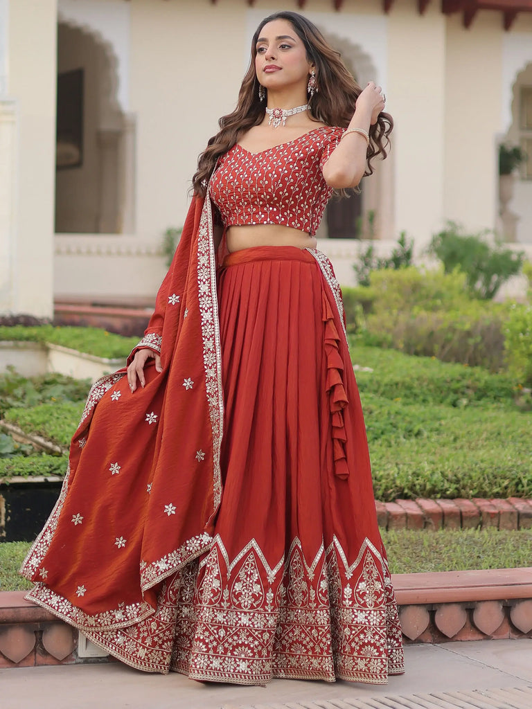 Beautiful Red Thread Embroidered Silk Wedding Wear Lehenga Choli