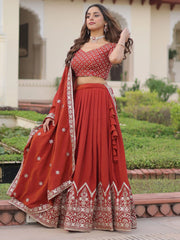 Beautiful Red Thread Embroidered Silk Wedding Wear Lehenga Choli