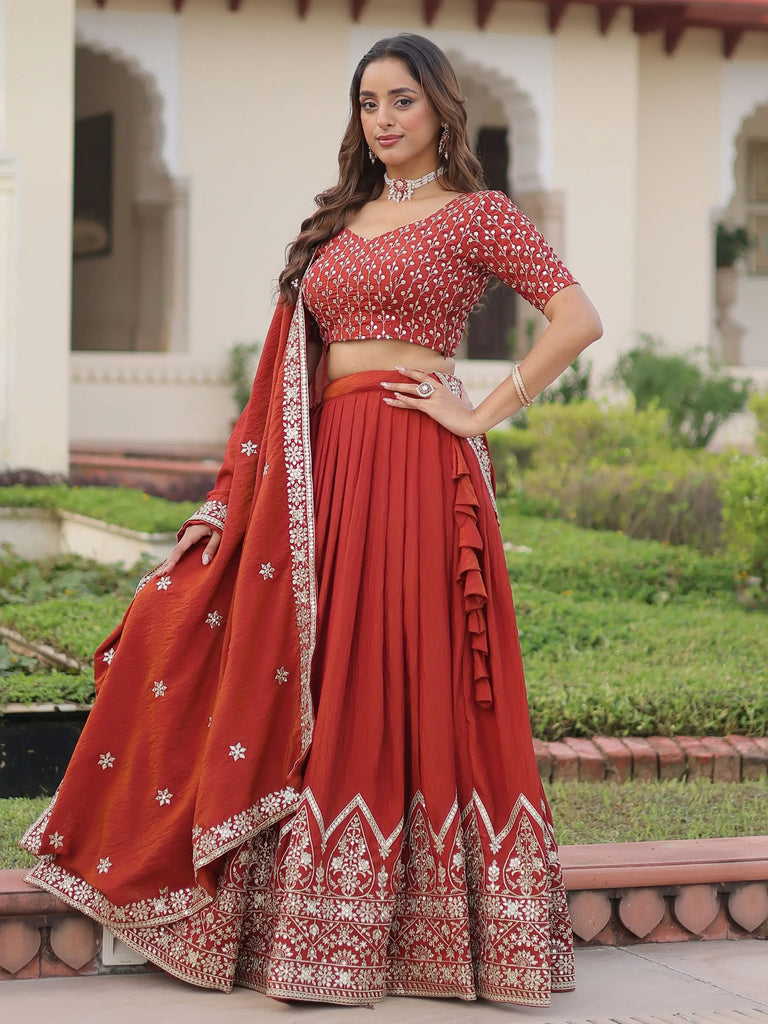 Beautiful Red Thread Embroidered Silk Wedding Wear Lehenga Choli