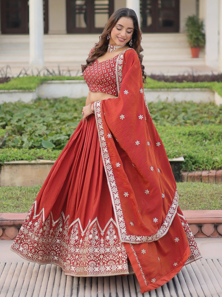 Beautiful Red Thread Embroidered Silk Wedding Wear Lehenga Choli