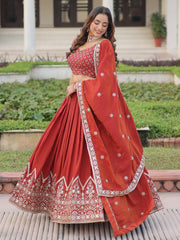 Beautiful Red Thread Embroidered Silk Wedding Wear Lehenga Choli